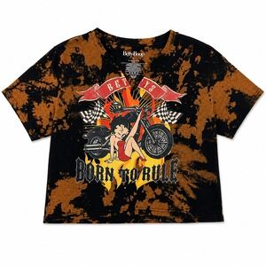 Betty Boop Graphic Crop Top XL Orange Black Tie Dye Born‎ To Rule Biker Tee